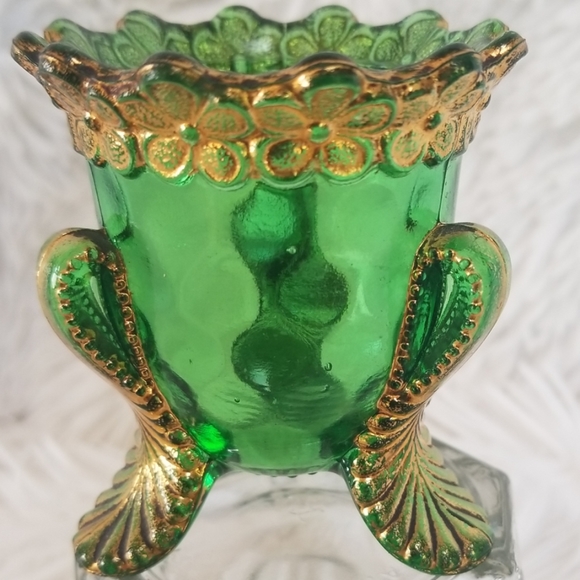 Antique EAPG Emerald Green Gold Gilded Toothpick Holder - Picture 8 of 8